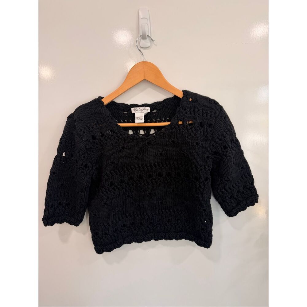 Spiegel Black Cotton Crochet Crop Sweater Sz S